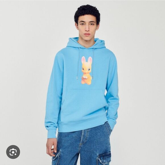$340 Sandro Rabbit print blue hoodie sweatshirt NWT Small - Picture 1 of 10